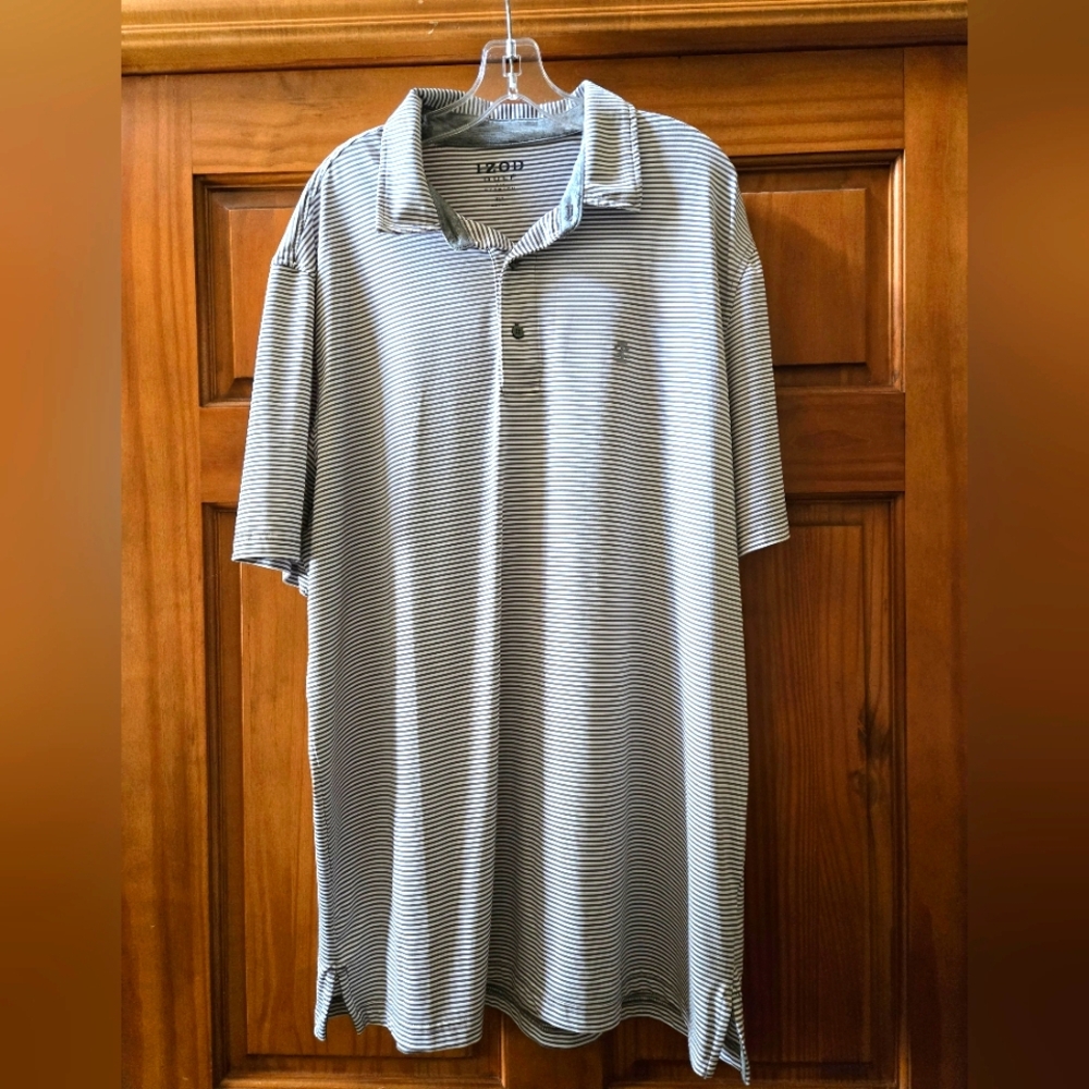 Izod Grey and White Polo Shirt Classic Casual Style Golf Stretch XLTALL